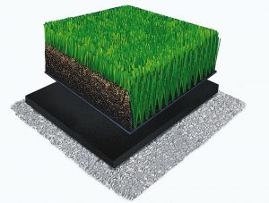 A-Turf Premier XP 3D rendering with rubber & sand infill and ShockPad underneath.