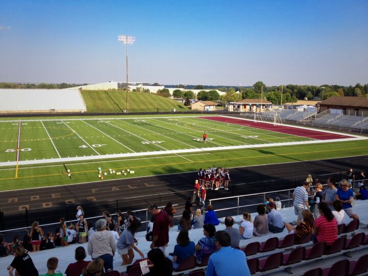 Stow-Munroe Falls High School A-Turf multi-sport field from the home stands Stow-Munroe Falls High School’s A-Turf field in Stow, Ohio, with five varsity sports lined on one surface.